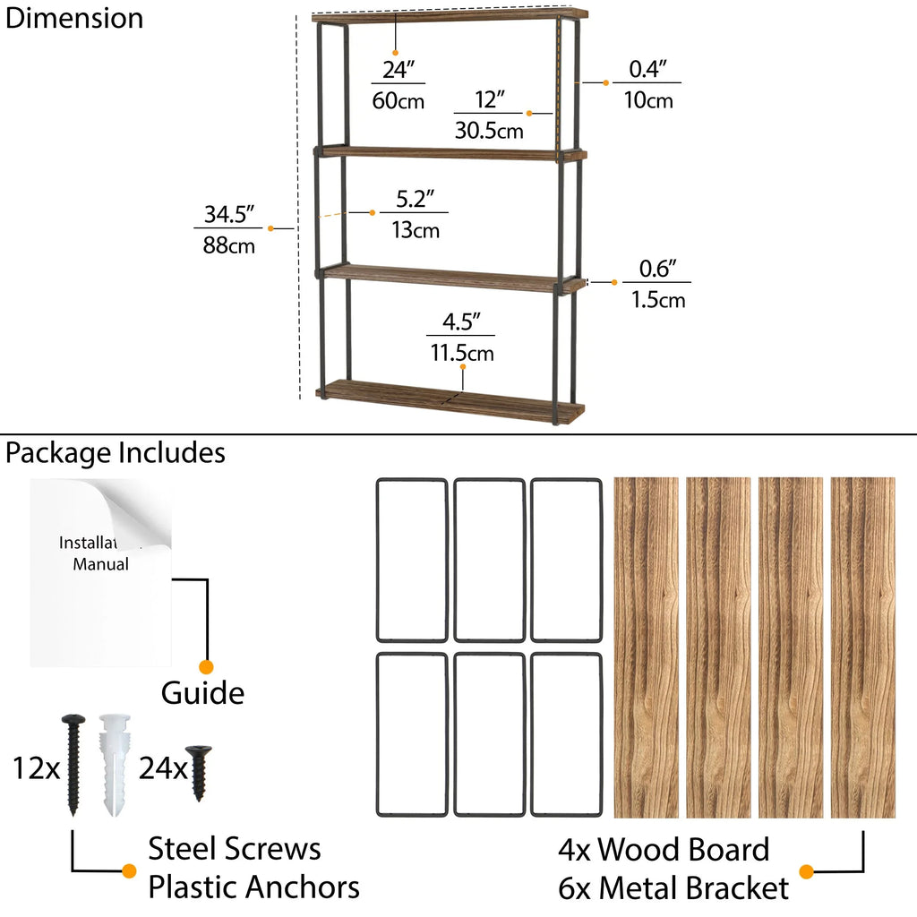 Wallniture Porto 4-Tier Floating Shelves Wall Storage for Kitchen Rustic Farmhouse Wood Bookcases Laundry Organizer, Natural Burned