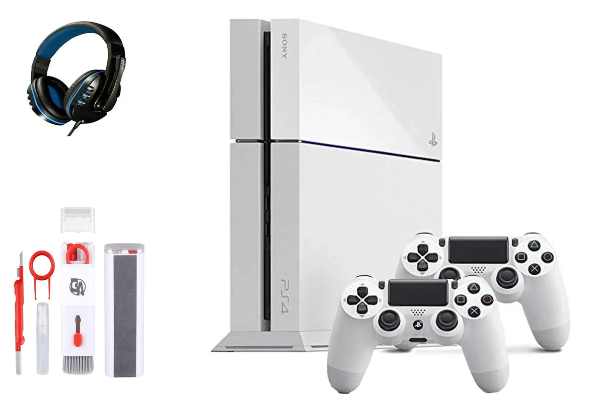 Pre-Owned Sony PlayStation 4 500GB Gaming Console White Headset 2 Controller with BOLT AXTION Cleaning Kit Bundle (Refurbished: Like New)
