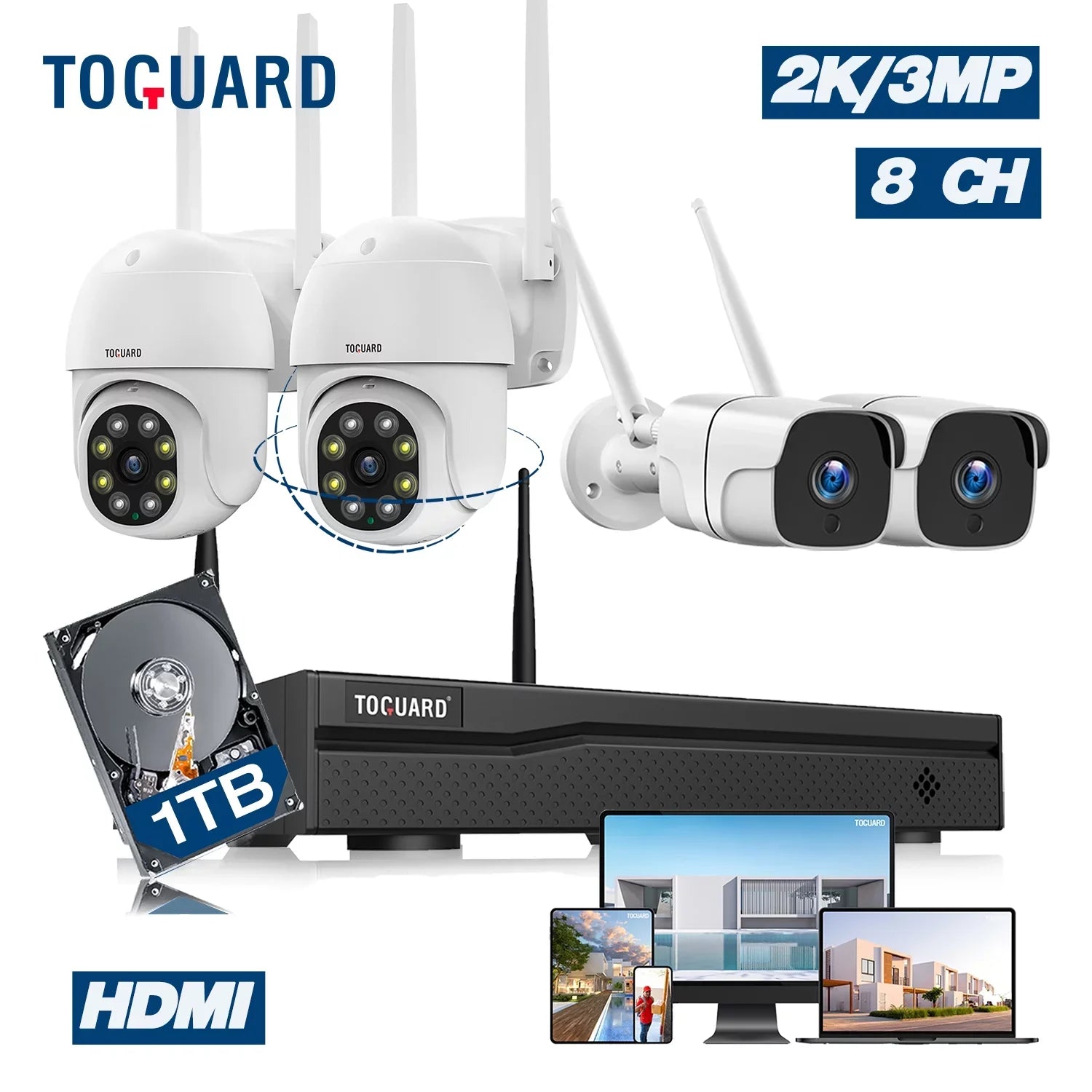 Toguard CCTV Security Camera System Outdoor with 1TB Hard Drive, 2X3MP Wireless WiFi Dome Camera HDMI Connector