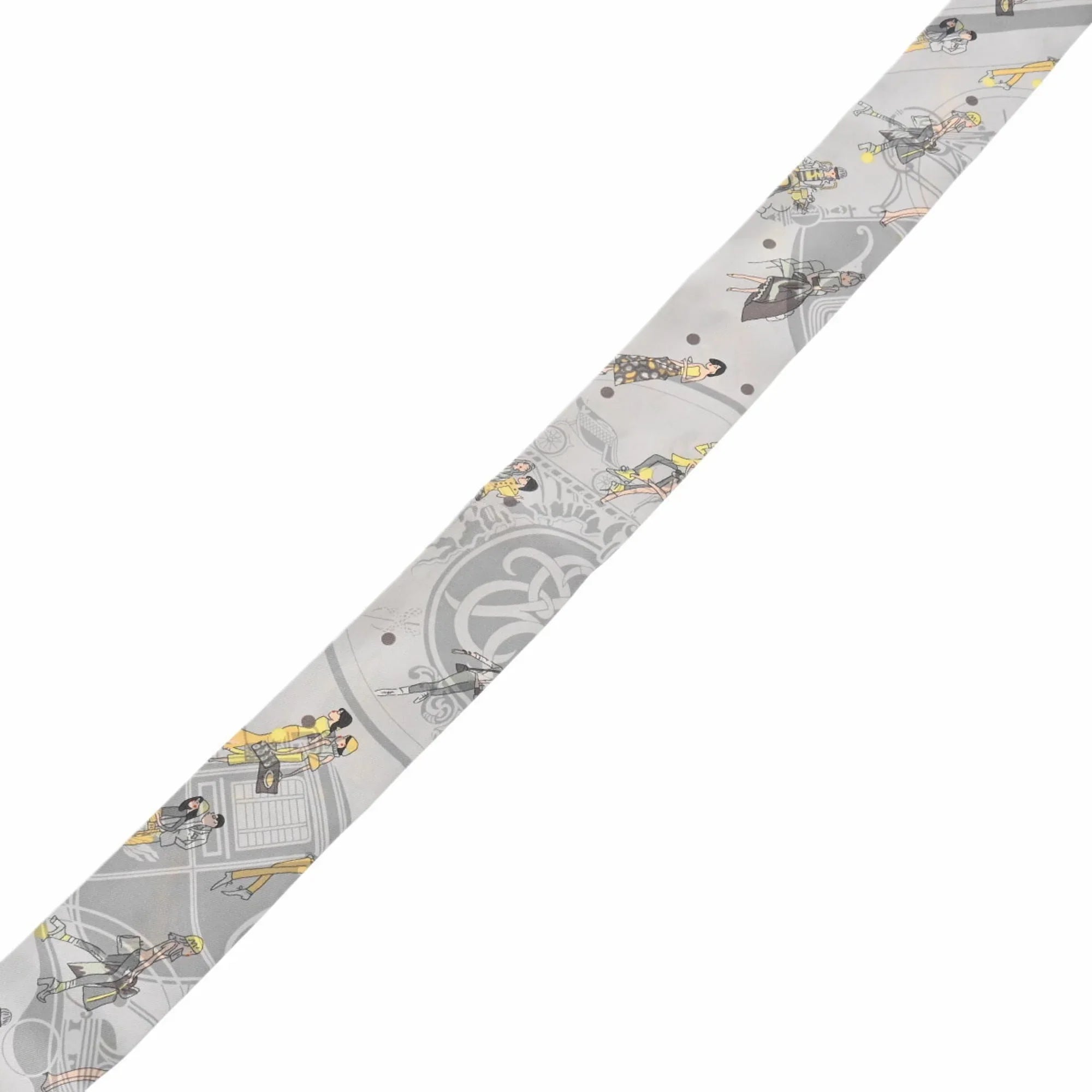 Pre-Owned HERMES Twilly EX-LIBRIS LES PARISIENNES Grey Women's 100% Silk Scarf Muffler (Good)
