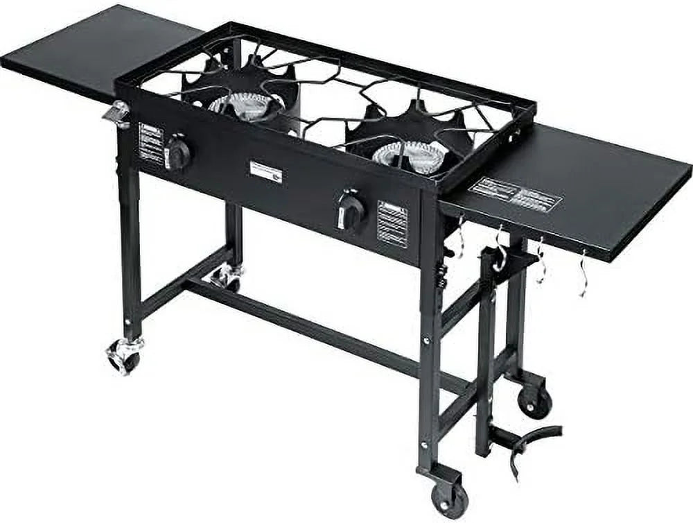 Outdoor Camping Propane Double Burner Stove 2 Folding Cook Cooking Station Stand Picnic BBQ Grill 58,000 BTU, Black