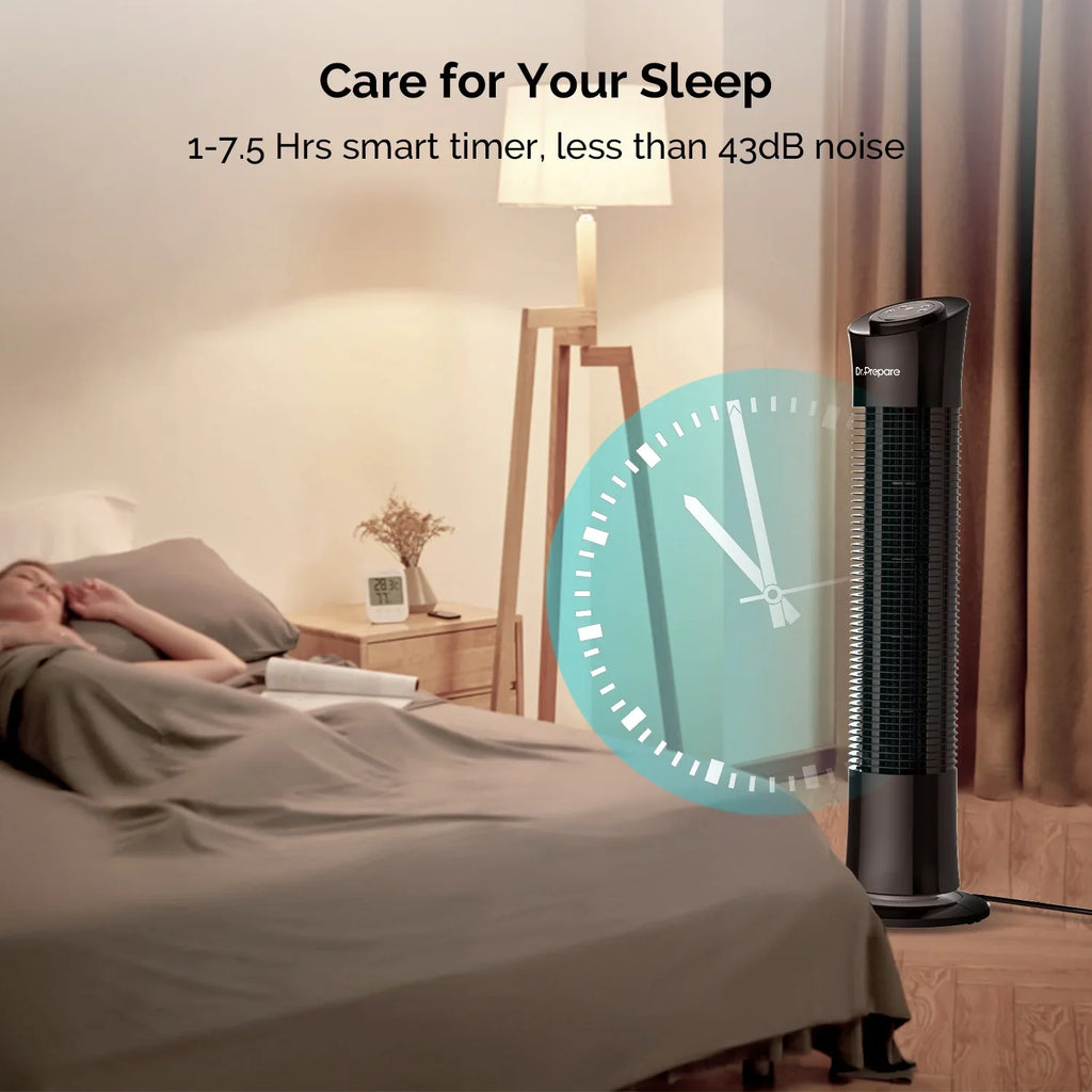 Dr. Prepare 30’’ Oscillation Tower Fan，Portable Stand Floor Fans w/Remote/3 Speeds/7.5h Timer for Home/Office
