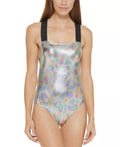DKNY Women's Metallic Crisscross One Piece Swimsuit Gray Size X-Large