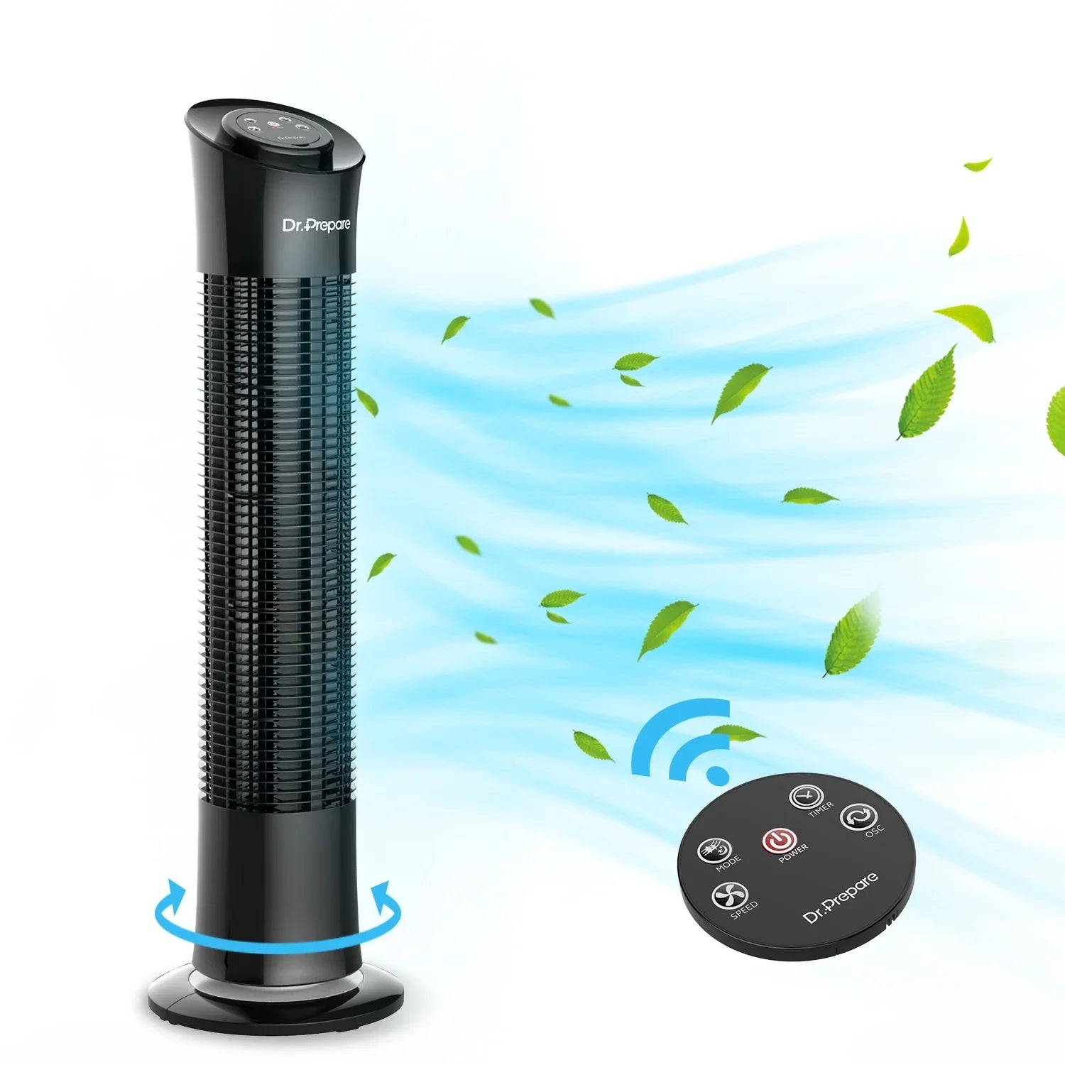 Dr. Prepare 30’’ Oscillation Tower Fan，Portable Stand Floor Fans w/Remote/3 Speeds/7.5h Timer for Home/Office