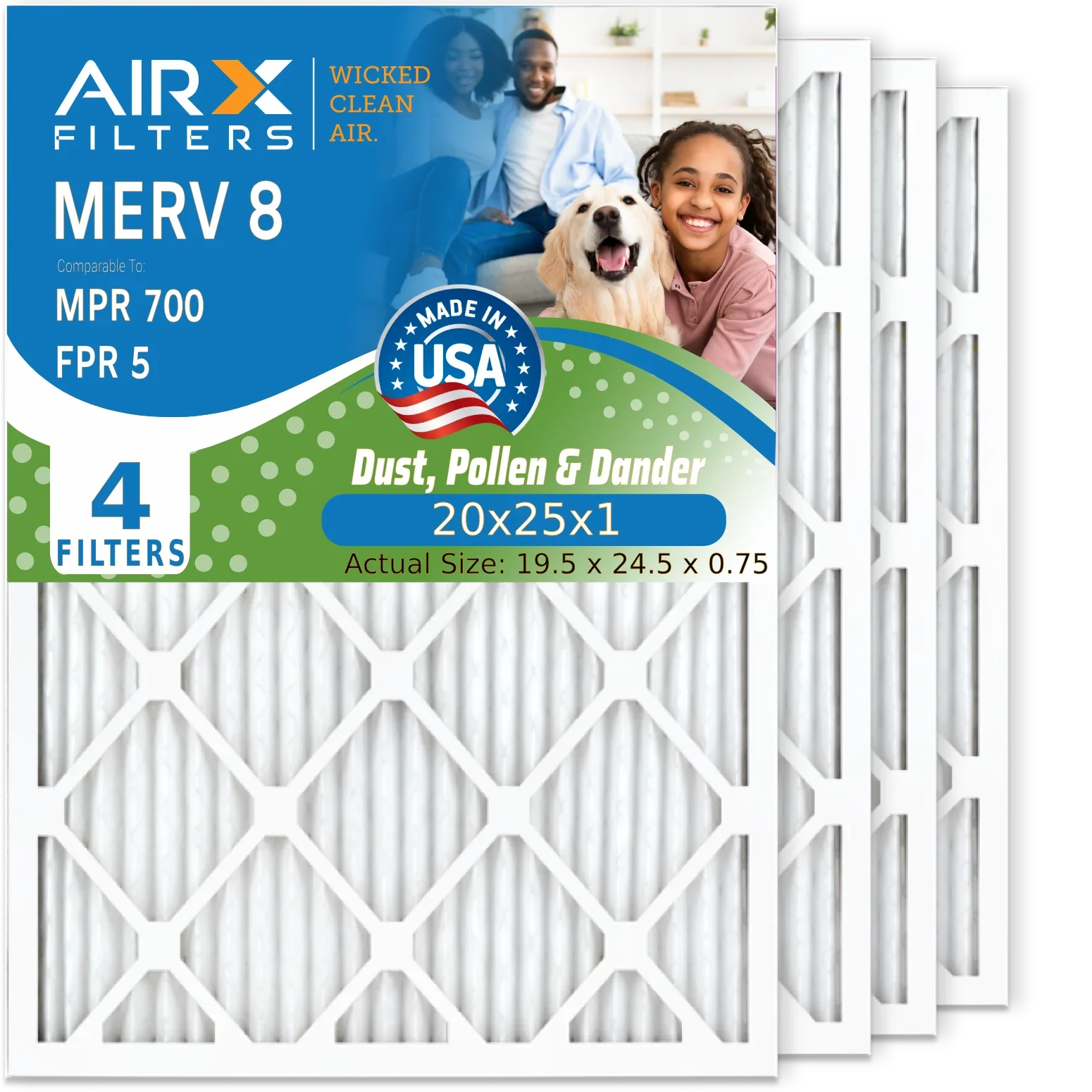20x25x1 Air Filter MERV 8 Comparable to MPR 700 & FPR 5 Electrostatic Pleated Air Conditioner Filter 4 Pack HVAC AC Premium USA Made 20x25x1 Furnace Filters by AIRX FILTERS WICKED CLEAN AIR.