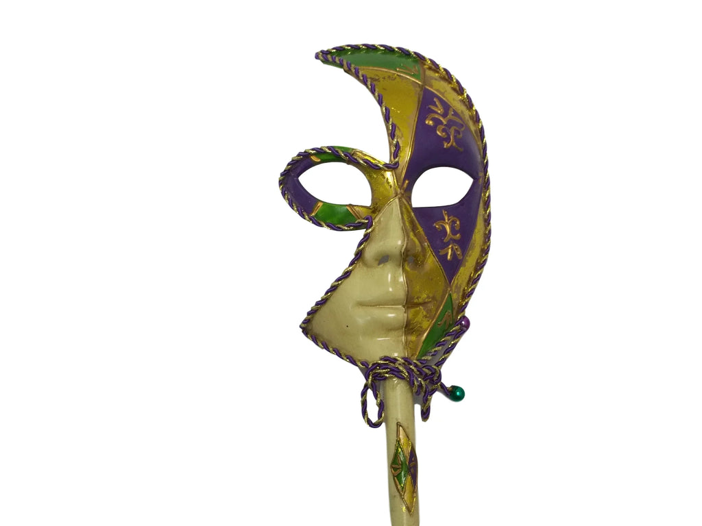 New Orleans Fleur De Lis Venetian Stick Mask Purple Green Gold Ladies