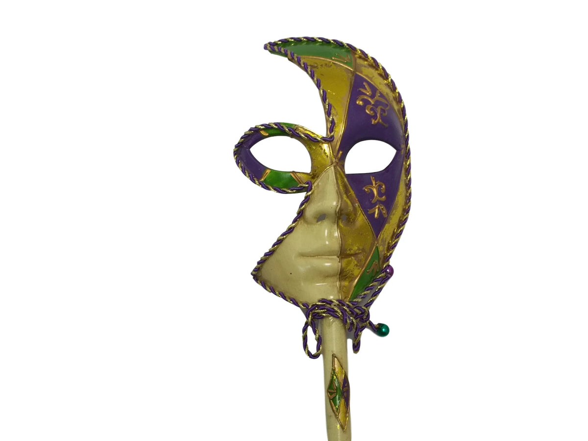 New Orleans Fleur De Lis Venetian Stick Mask Purple Green Gold Ladies