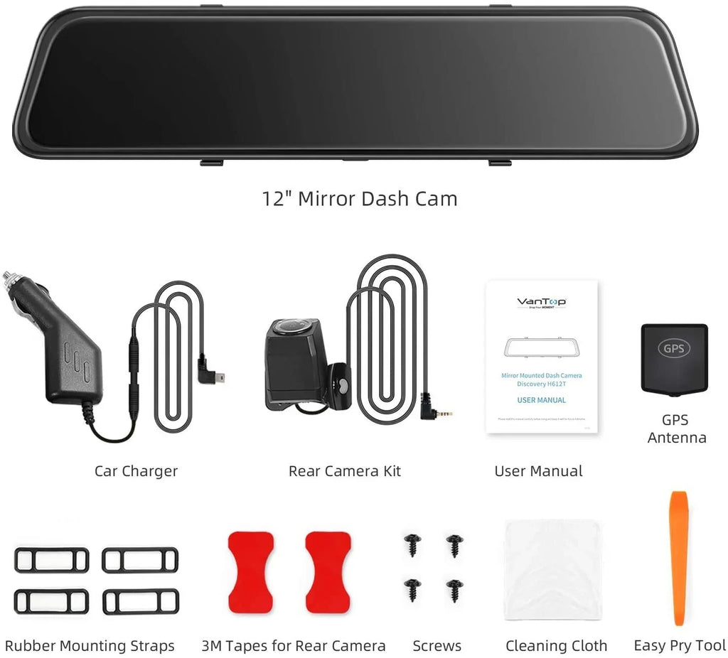 4K 12" Mirror Dash Cam - Vantop H612T Front & Rear View Dual Dash Camera, IPS Touch Screen, Voice Control Cars Mirror Camera W/Night Vision Parking Monitor