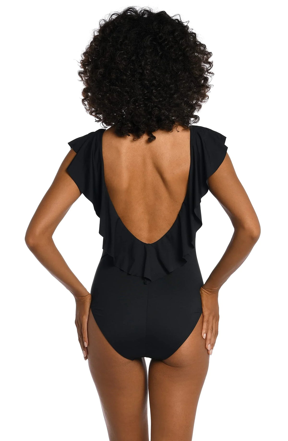La Blanca Women's Island Goddess Over The Shoulder Ruffle Plunge One Piece, Black, 4