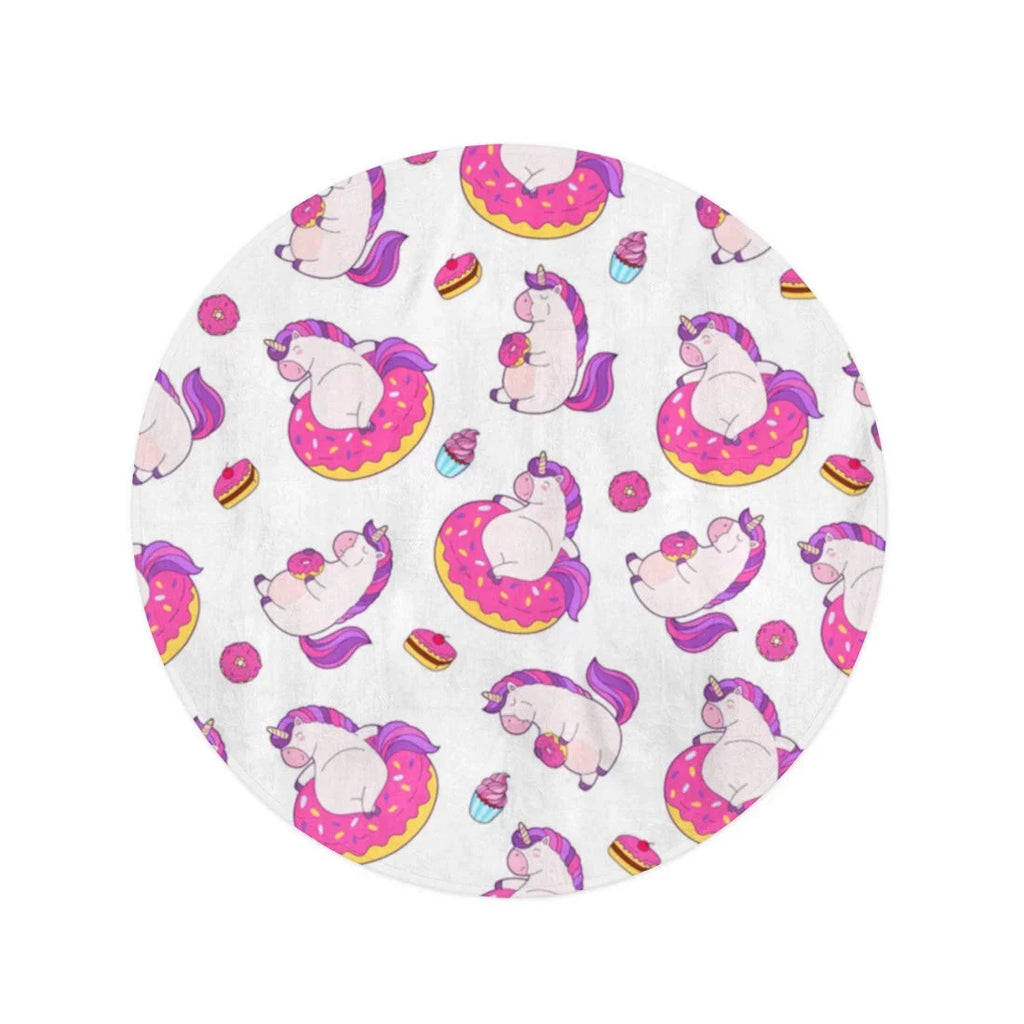 KDAGR 60 inch Round Beach Towel Blanket Pattern Funny Unicorns Eating Donut and Sitting in Inflatable Travel Circle Circular Towels Mat Tapestry Beach Throw