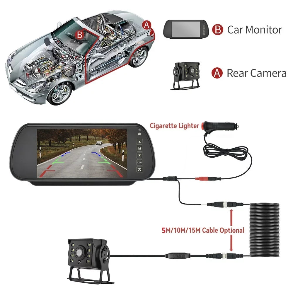 7in HD Monitor Car Backup Reverse Camera Rear View Parking License Plate System