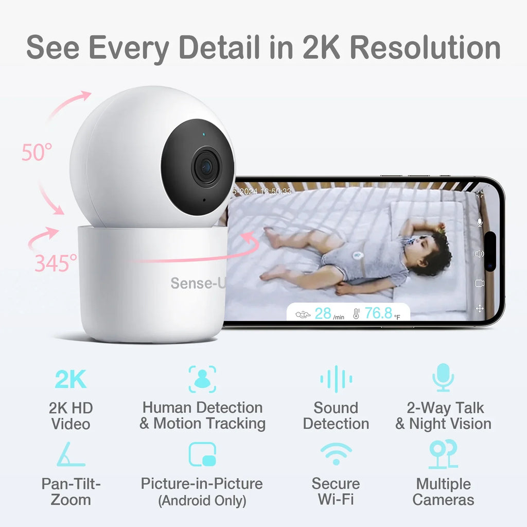 Sense-U Smart 2K Video Baby Monitor(FSA&HSA Eligible) with No Monthly Fee, Pan-Tilt-Zoom, Person/Baby Crying Sound/Motion Detection, 2-Way Talk, Night Vision, Background Audio, Activity Zone