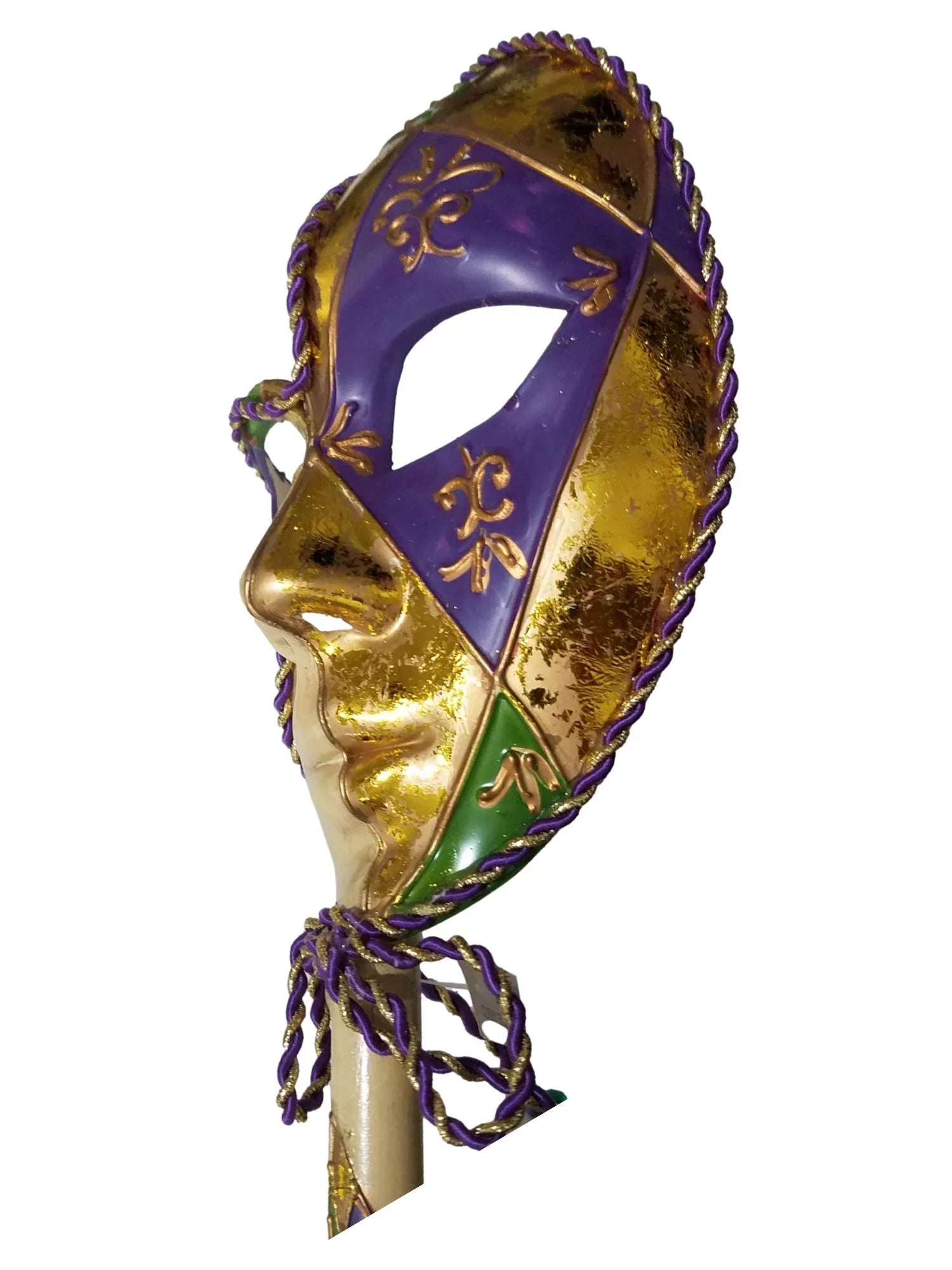 New Orleans Fleur De Lis Venetian Stick Mask Purple Green Gold Ladies