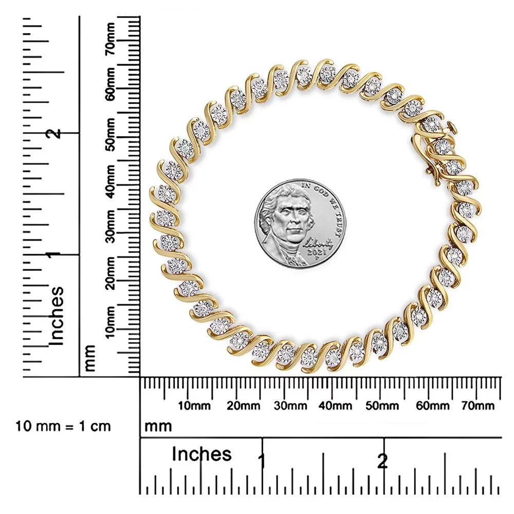 14K Yellow Gold Plated .925 Sterling Silver 1/2 Cttw Round Miracle-Set Diamond S-Curve Tennis Bracelet (I-J Color, I3 Clarity) - 7"