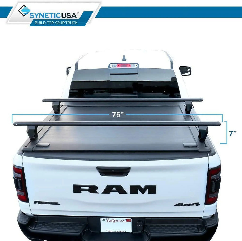 Syneticusa Retractable Hard Tonneau Cover with Cross Bars Fits 2019-2022 Ram 1500 5'7" (67.4”) Bed Matte Black Aluminum Low Profile Waterproof Off Road
