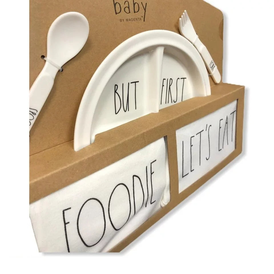 Rae Dunn Baby 5 Piece Gift Set: Plate Bib Bodysuit Utensils (0-3 Months) Foodie