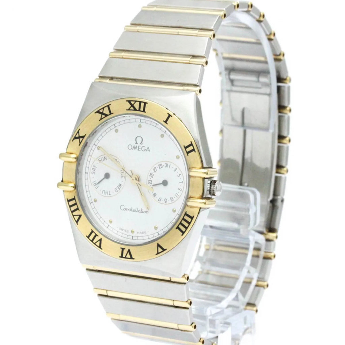 Pre-Owned Polished OMEGA Constellation Day Date 18K Gold Steel Watch 396.1070 BF566004 (Good)