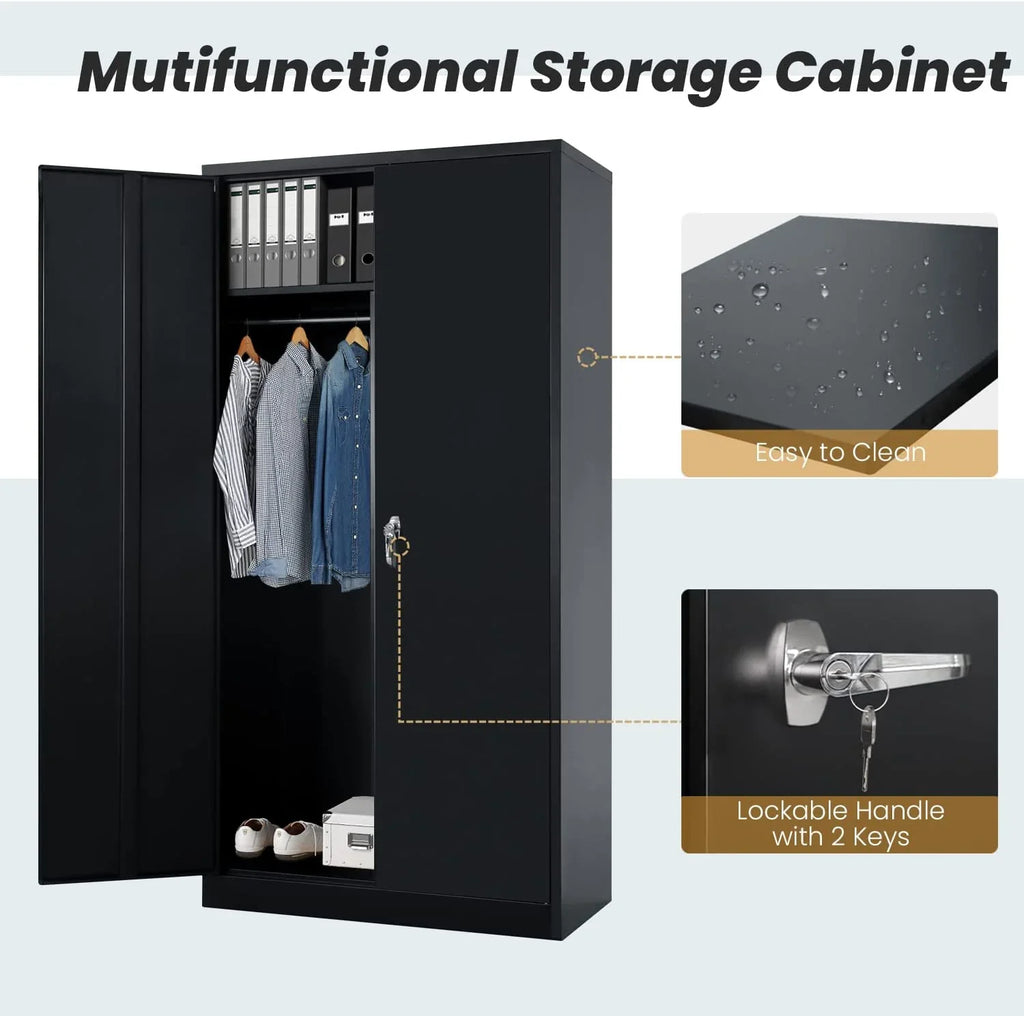 HOOMHIBIU Metal  Cabinets Locker with Locking Door  72'' Clothing Coat Steel Wardrobe Cabinet with Lock and Shelves for Office  Home  Garage  Employee  Freestanding (Black)
