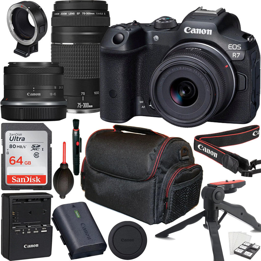 Canon EOS R7 Mirrorless Camera with RF-S 18-45mm f/4.5-6.3 IS STM Lens + Canon EF 75-300mm f/4-5.6 III Lens + 64GB Memory Card + Tripod + Case & More