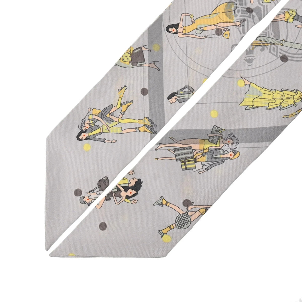Pre-Owned HERMES Twilly EX-LIBRIS LES PARISIENNES Grey Women's 100% Silk Scarf Muffler (Good)