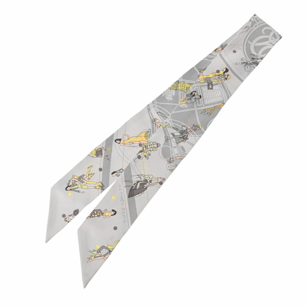 Pre-Owned HERMES Twilly EX-LIBRIS LES PARISIENNES Grey Women's 100% Silk Scarf Muffler (Good)