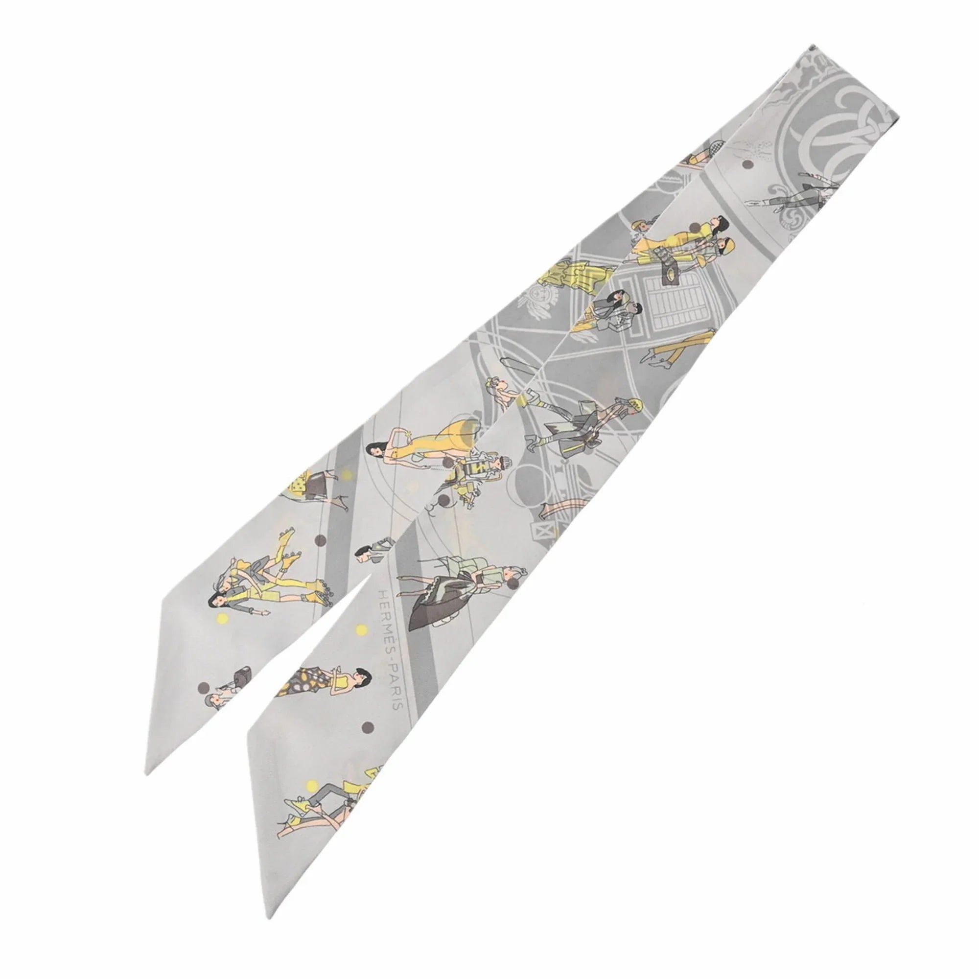 Pre-Owned HERMES Twilly EX-LIBRIS LES PARISIENNES Grey Women's 100% Silk Scarf Muffler (Good)