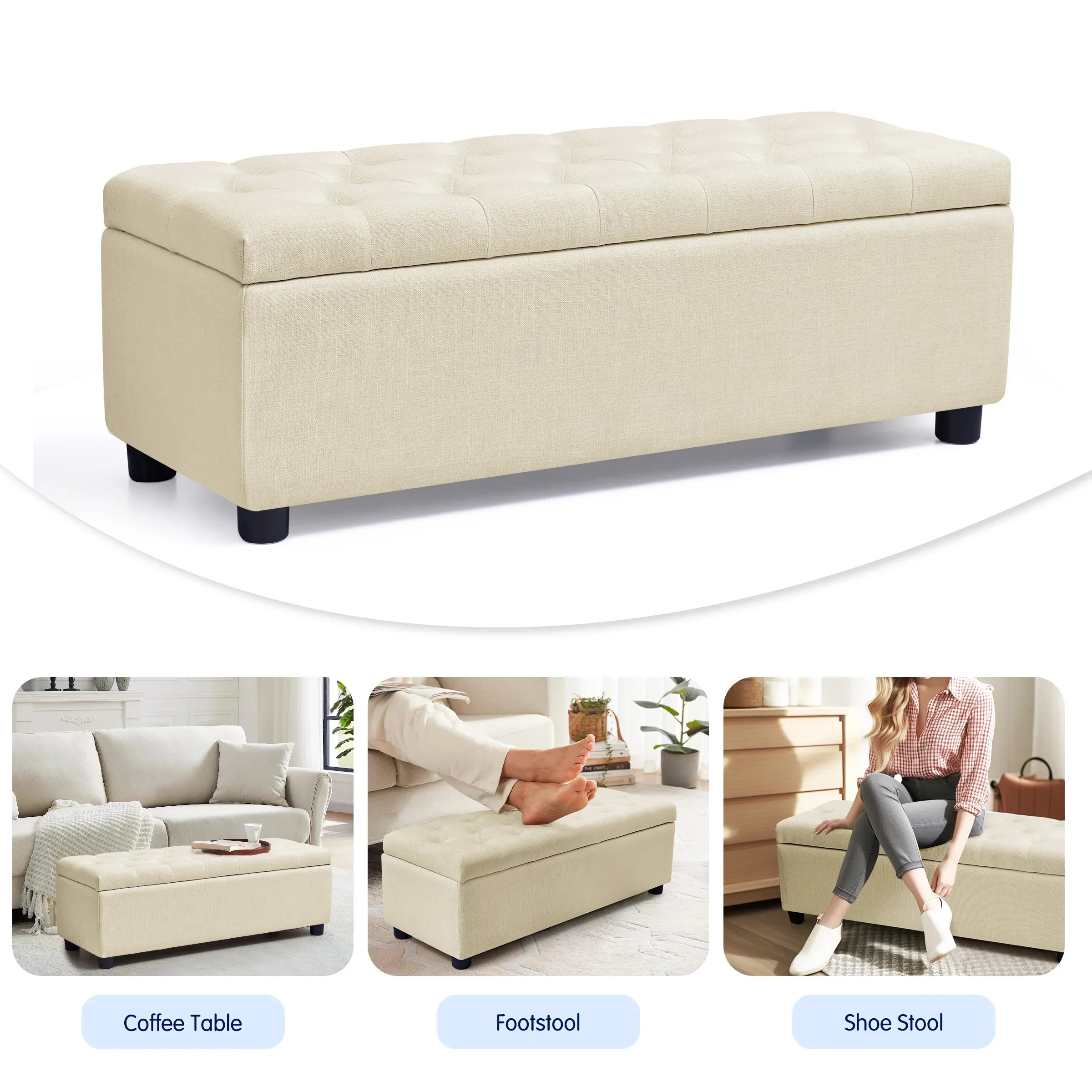 Subrtex Storage Ottoman Bench with Sturdy Plastic Legs with Foot Pads, 40.5" Linen Fabric Storage Bench End of Bed Stool for Bedroom, Beige