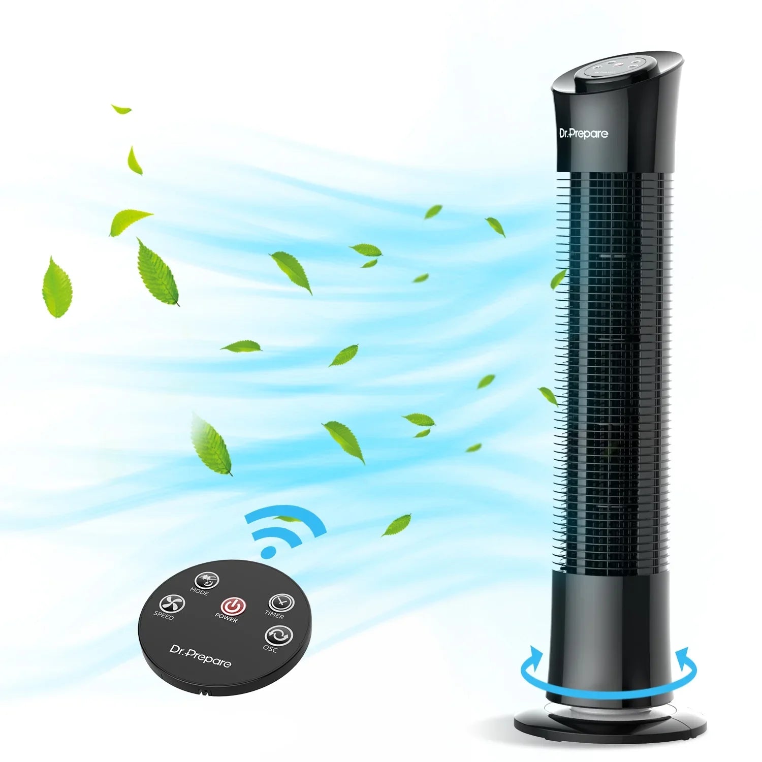 Dr. Prepare 30’’ Oscillation Tower Fan，Portable Stand Floor Fans w/Remote/3 Speeds/7.5h Timer for Home/Office