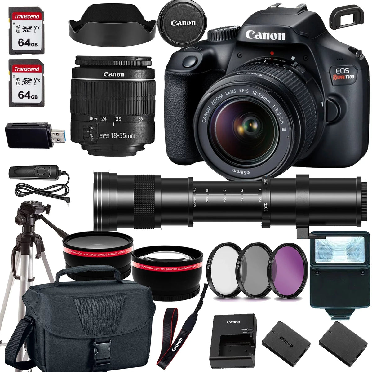Canon EOS Rebel T100/4000D DSLR Camera w/Canon EF-S 18-55mm F/3.5-5.6 Zoom Lens+420-800mm HD Telephoto Zoom lens+case+128Memory Cards (24PC)