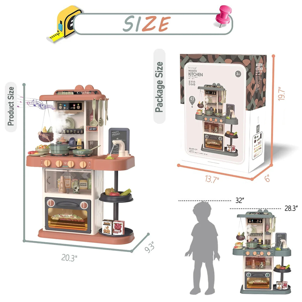 PayUSD 28.3" Kids Play Kitchen Playset for Toddlers with Realistic Sounds and Lights 43 Pcs Pretend Play Toy Set with Simulation of Spray Kids Kitchen Toys for Boys Girls Christmas Birthday, Green