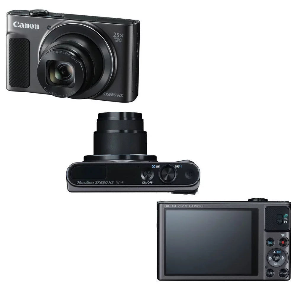 Canon PowerShot SX620 HS 20.2MP 25x Zoom WiFi / NFC Full HD 1080p Digital Camera (Black) with 16GB Memory Card