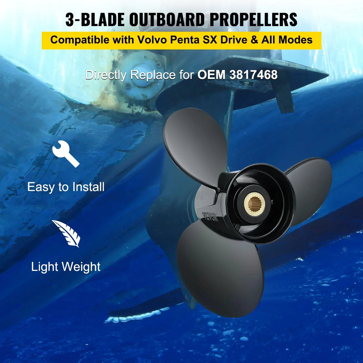 VEVOR Outboard Propeller, 3-Blade 14.5" x 19" Boat Propeller, Replace for OEM 3817468, Compatible with SX Sterndrives Outboard Volvo Penta Engine, Right-handed Aluminium Propeller & 19 Spline Teeth