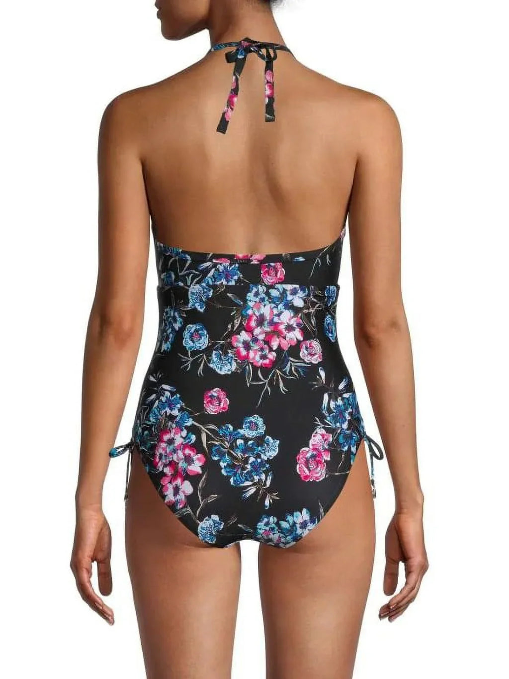 DKNY BLACK FLORAL Floral-Print Halterneck One-Piece Swimsuit, US 14