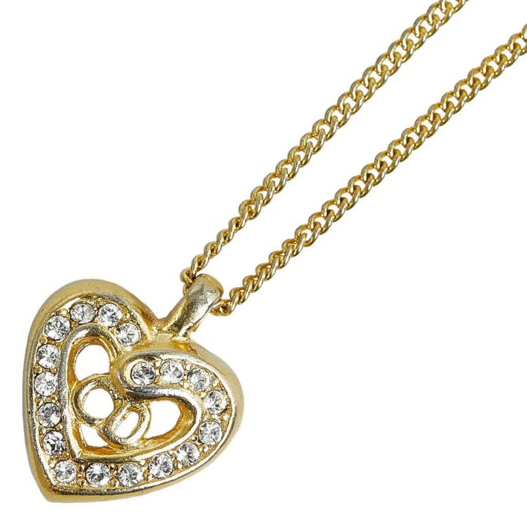 Pre-Owned Christian Dior Dior CD Heart Rhinestone Necklace Gold Plated Women's (Good)