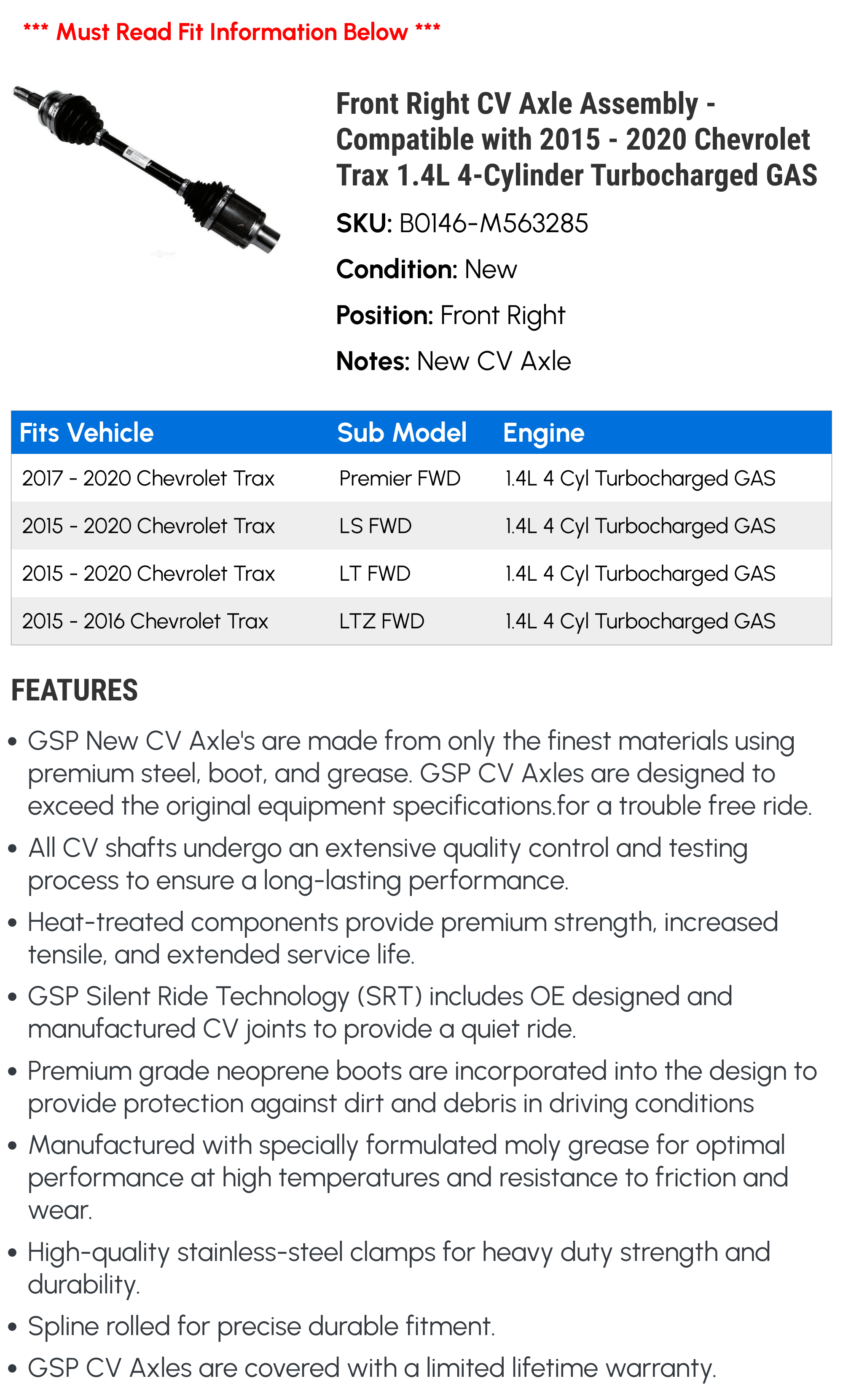 Front Right CV Axle Assembly - Compatible with 2015 - 2020 Chevy Trax 1.4L 4-Cylinder Turbocharged GAS 2016 2017 2018 2019