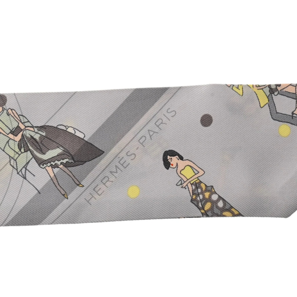 Pre-Owned HERMES Twilly EX-LIBRIS LES PARISIENNES Grey Women's 100% Silk Scarf Muffler (Good)