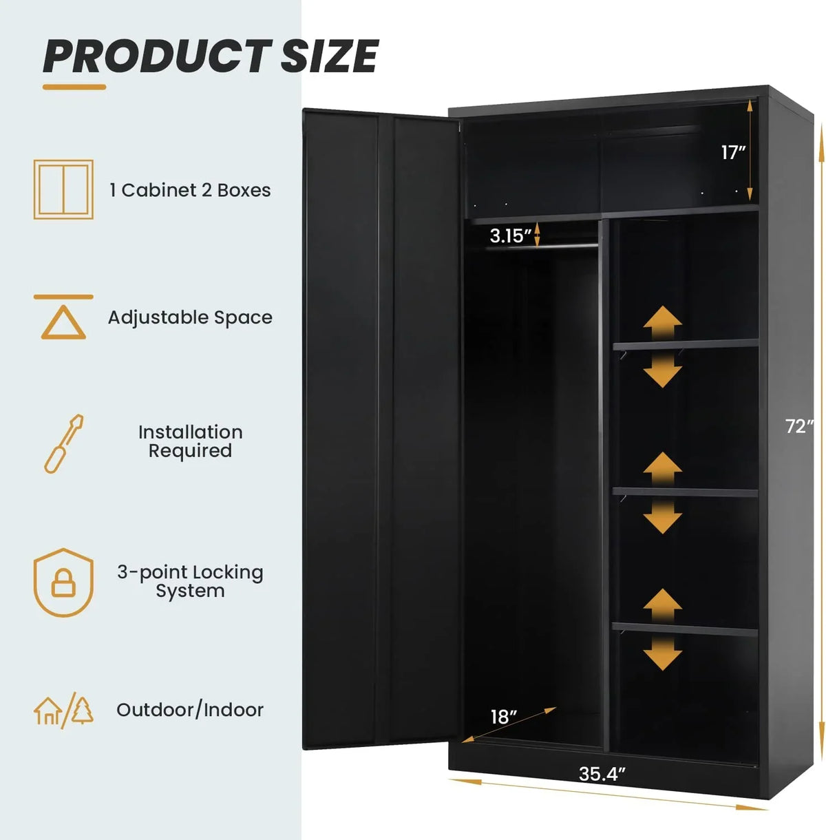 HOOMHIBIU Metal  Cabinets Locker with Locking Door  72'' Clothing Coat Steel Wardrobe Cabinet with Lock and Shelves for Office  Home  Garage  Employee  Freestanding (Black)