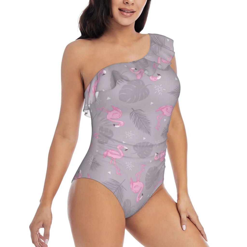 Coaee Pink Flamingo Women's One Piece Swimsuits One Shoulder Swimwear Asymmetric Ruffle Monokinis Bathing Suits - Small