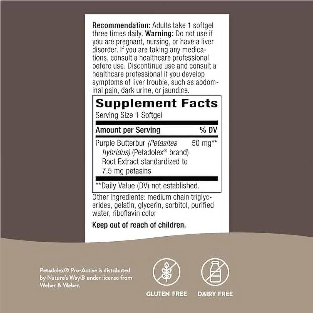 Nature's Way Petadolex Pro-Active, Blood Vessel Health and Relaxation in the Brain with Patented Butterbur*, 60 Softgels