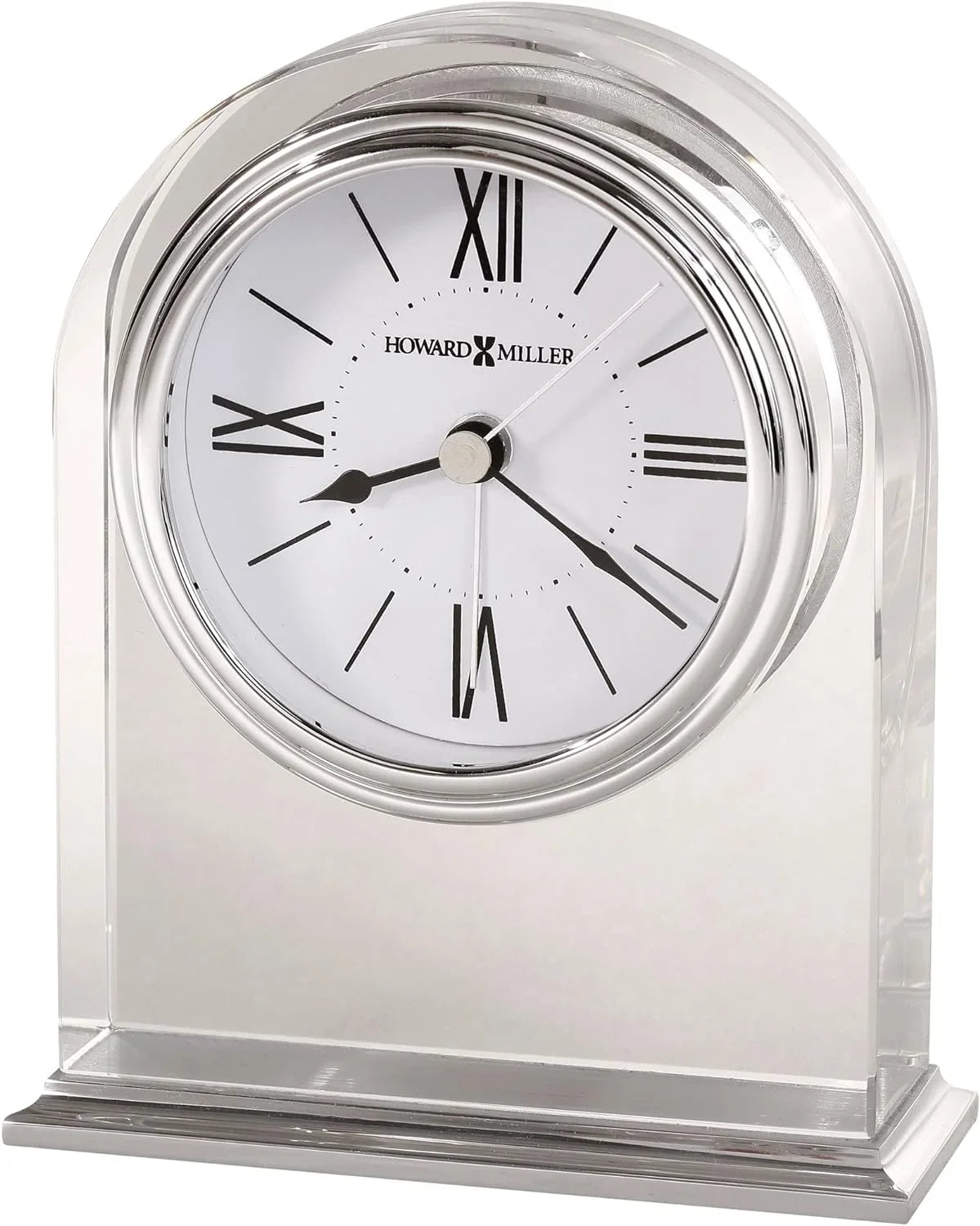 Optica Table Clock 645-757 – Crystal Arch, Brushed/Polished Aluminum Base, Silver-Tone Waterfall Bezel, Felt Bottom, Quartz Alarm Movement