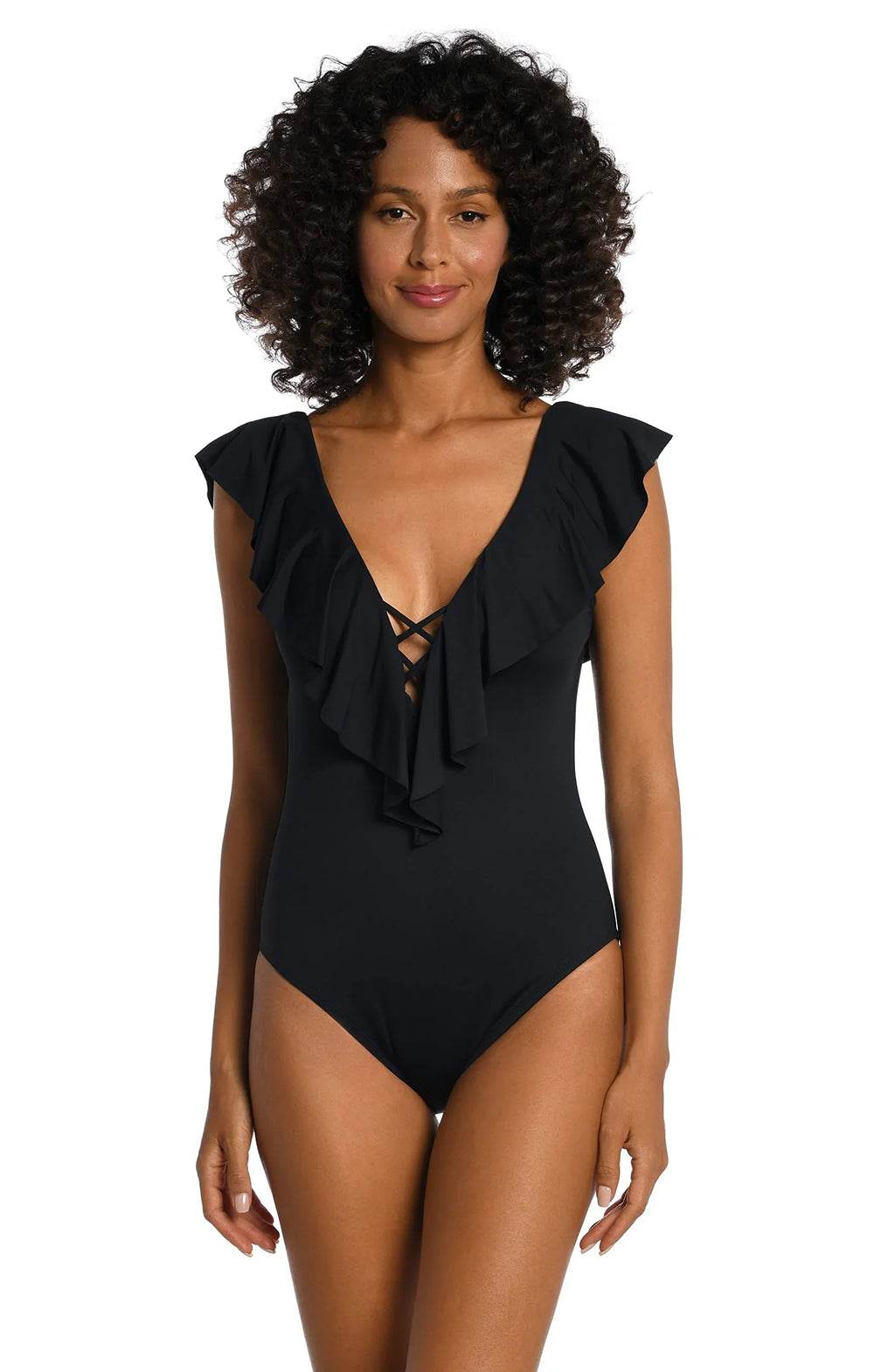 La Blanca Women's Island Goddess Over The Shoulder Ruffle Plunge One Piece, Black, 4