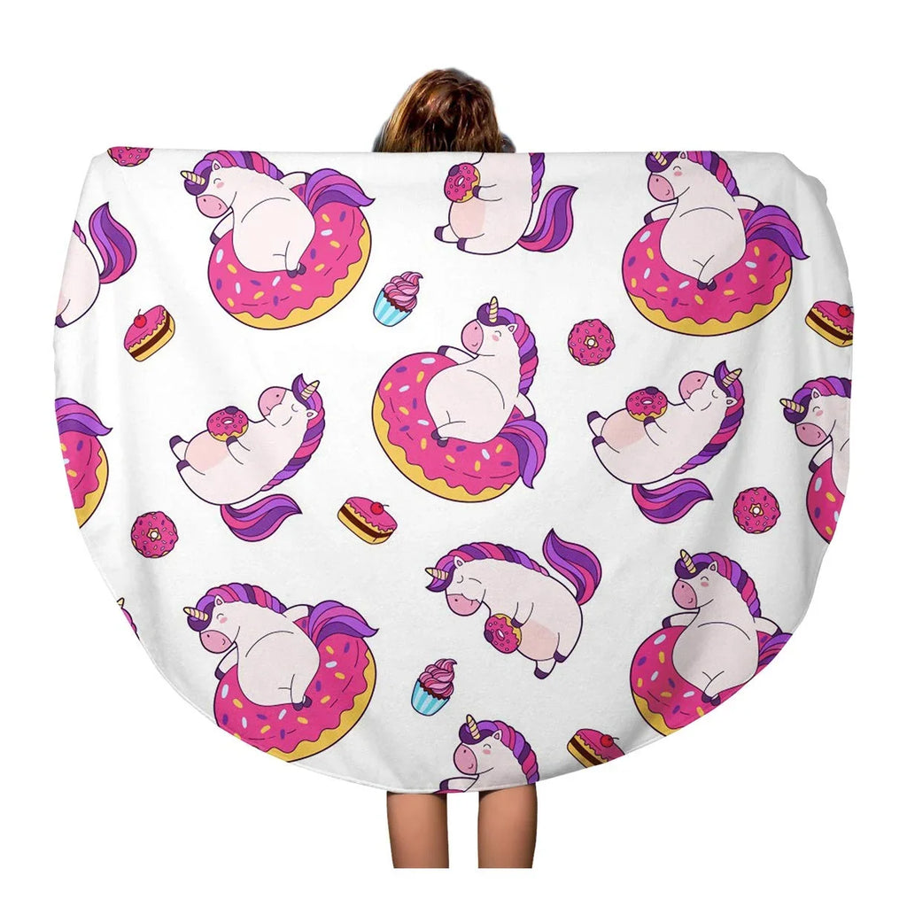 KDAGR 60 inch Round Beach Towel Blanket Pattern Funny Unicorns Eating Donut and Sitting in Inflatable Travel Circle Circular Towels Mat Tapestry Beach Throw