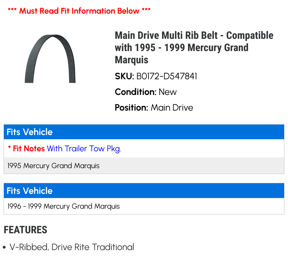 Main Drive Multi Rib Belt - Compatible with 1995 - 1999 Mercury Grand Marquis 1996 1997 1998