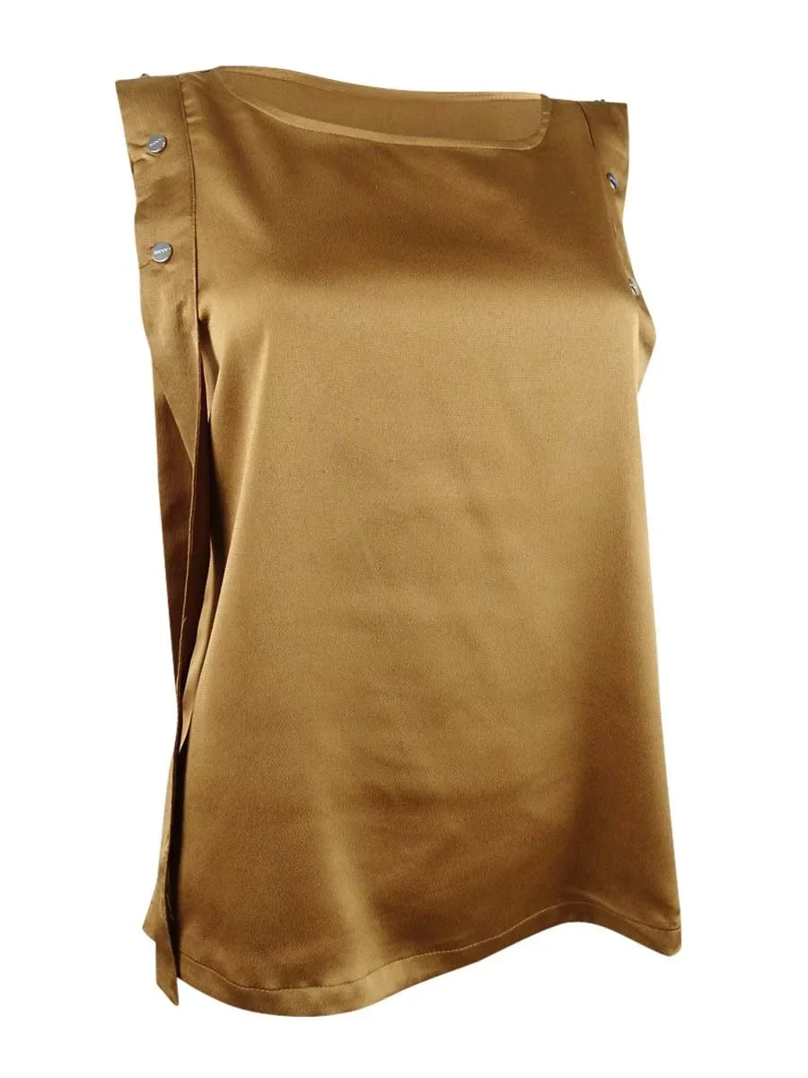DKNY Women's Solid Snap Overlay Sleeveless Top (XS, Luggage)