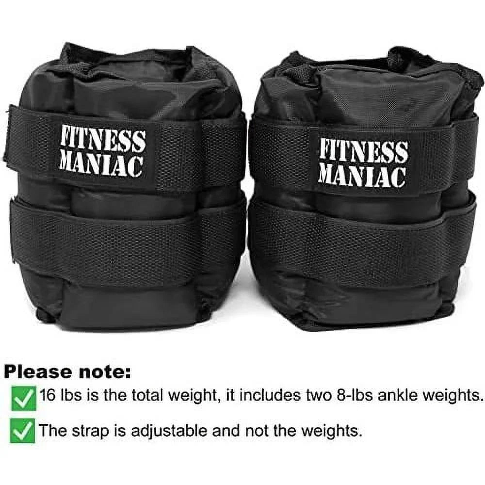 pro ankle weights 1 pair double straps heavy weight, 16 lbs (8 pounds per ankle) premium durable set for gym, workout, walking, ab, leg and glute exercises for men women