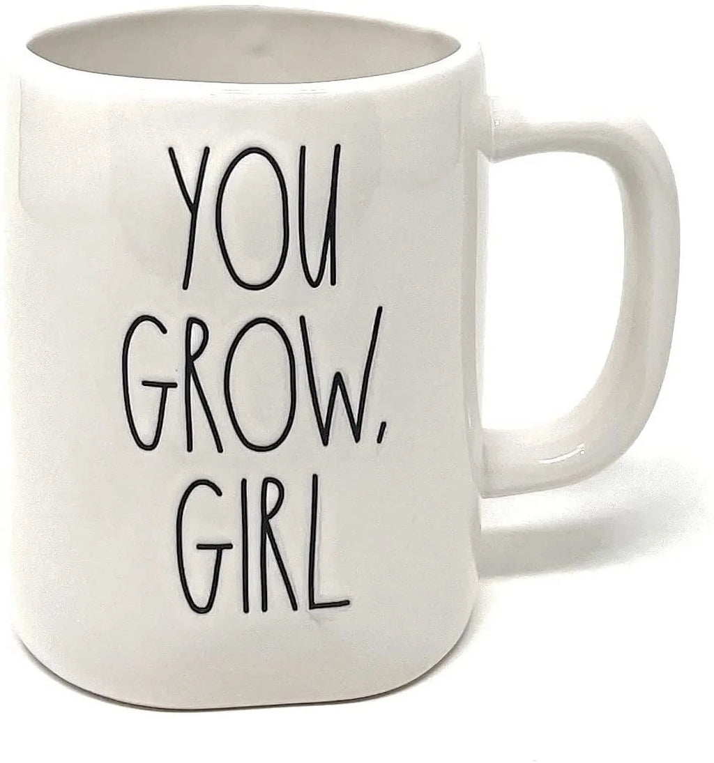 Rae Dunn  White YOU GROW GIRL Coffee Tea Double Sided Mug with Cactus Plant Icon on Back