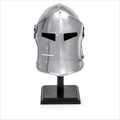 Nagina International Medieval Barbuta Visored Brushed Steel Knights Armory Templar Crusader's Helmet On Black Wooden Base | Props & Costumes Helm For Larpers