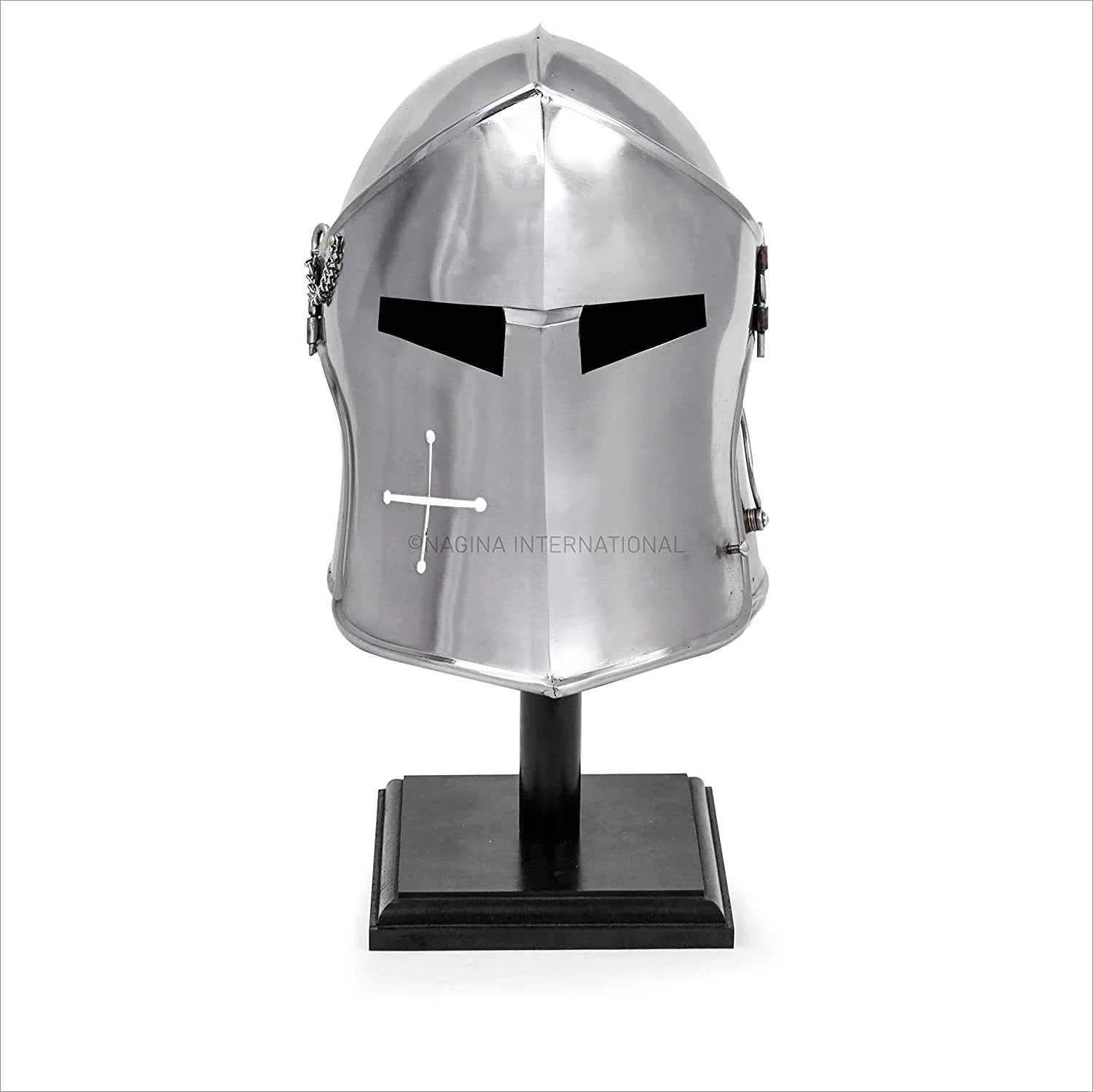 Nagina International Medieval Barbuta Visored Brushed Steel Knights Armory Templar Crusader's Helmet On Black Wooden Base | Props & Costumes Helm For Larpers