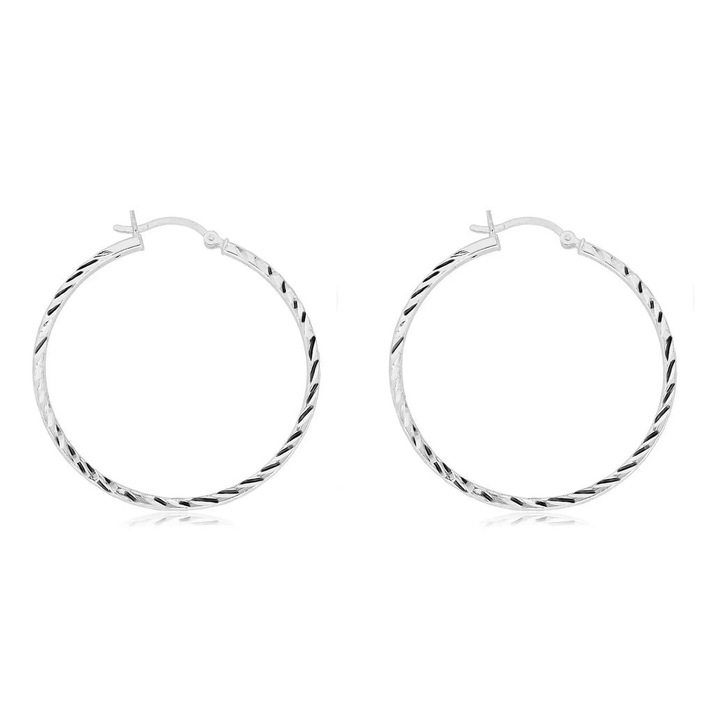 AVORA 925 Sterling Silver 40mm Diamond-Cut Hoop Earrings