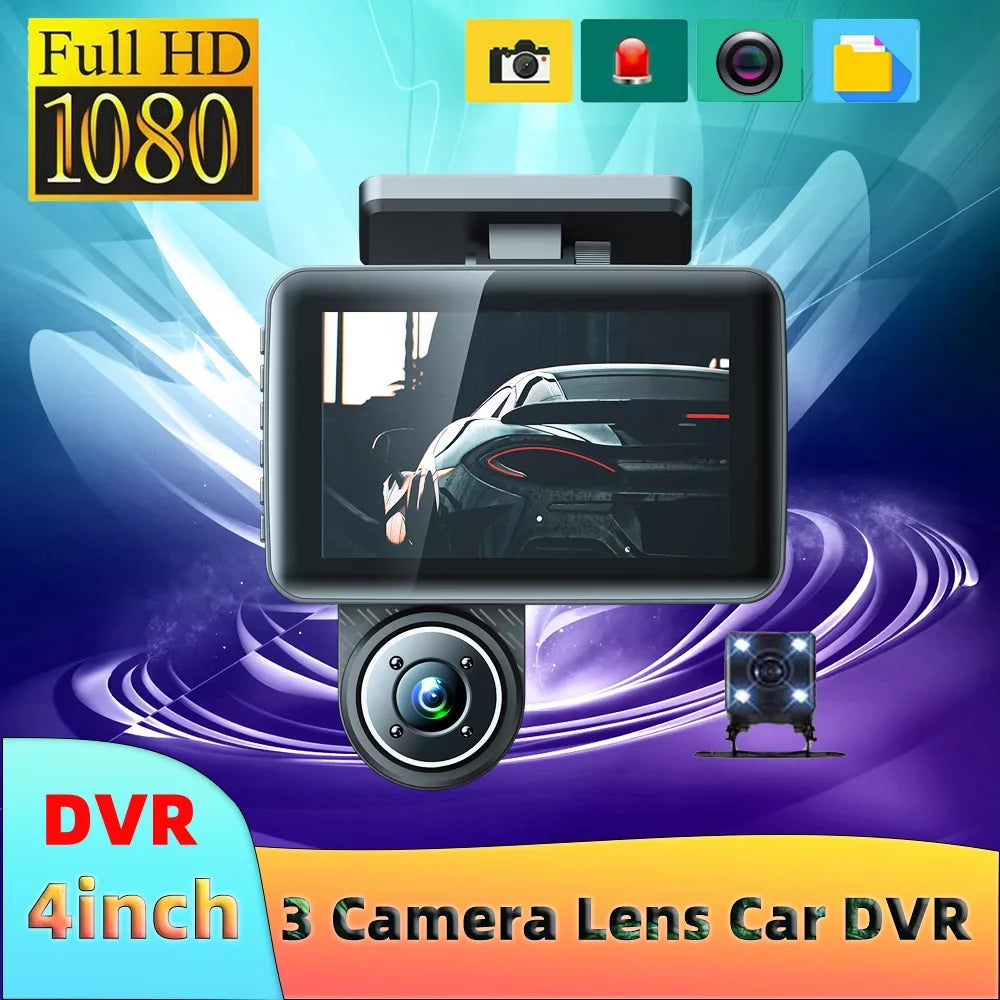 Pinnaco Dash Cam 3 Cameras Car Rearview Mirror Camcorder Wide Angle Recorder Safety Driving
